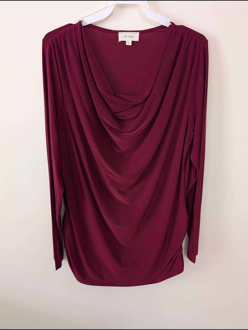 BE Stage Women's Burgundy Cowl Neck long sleeve Elegant Blouse pleated sides XL
